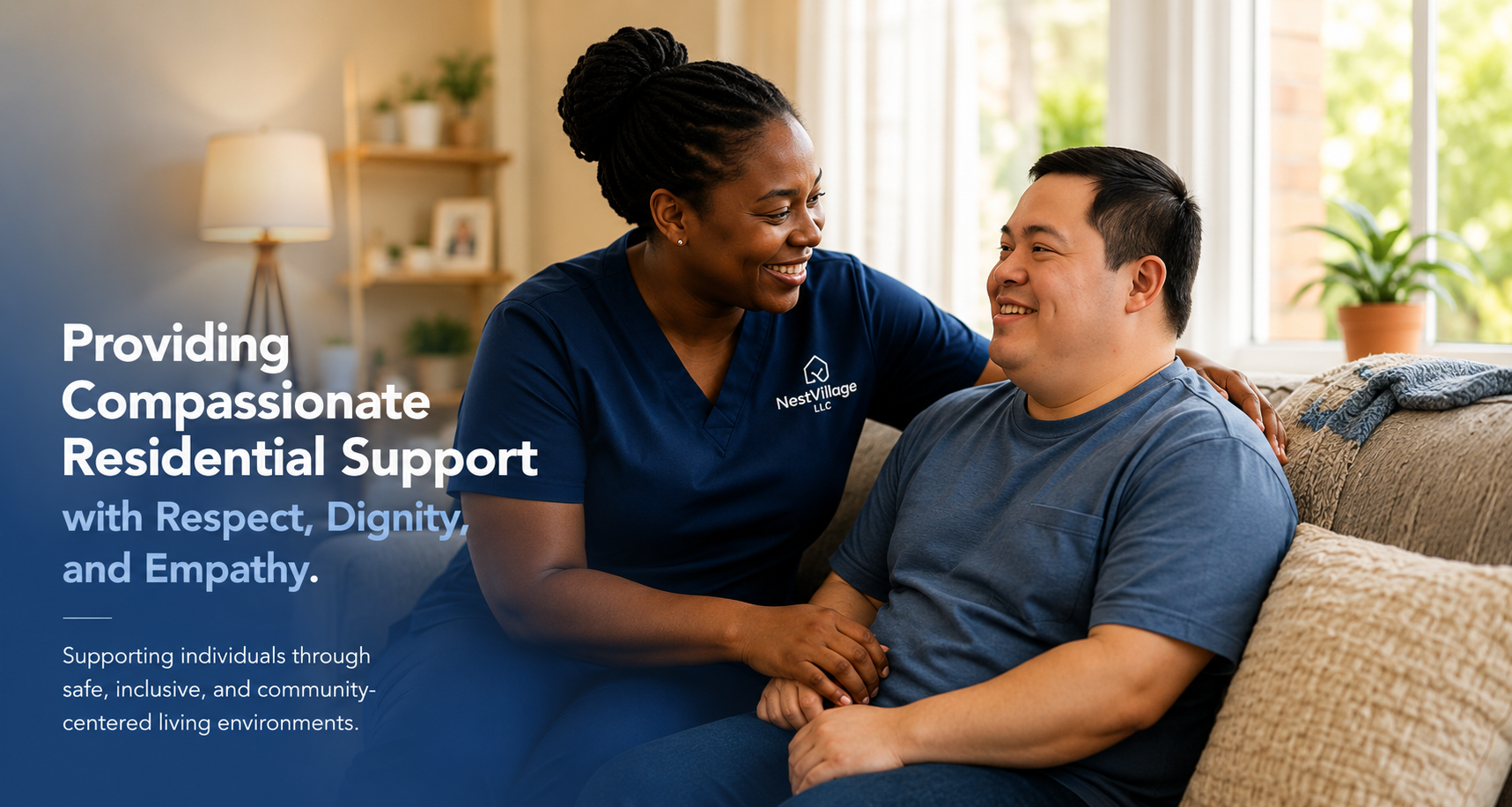 A NestVillage caregiver sharing a warm, supportive moment with a resident at home