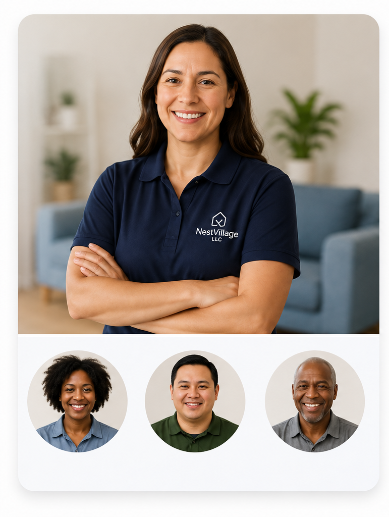 A NestVillage caregiver in a navy polo with team members below — a standard you can feel
